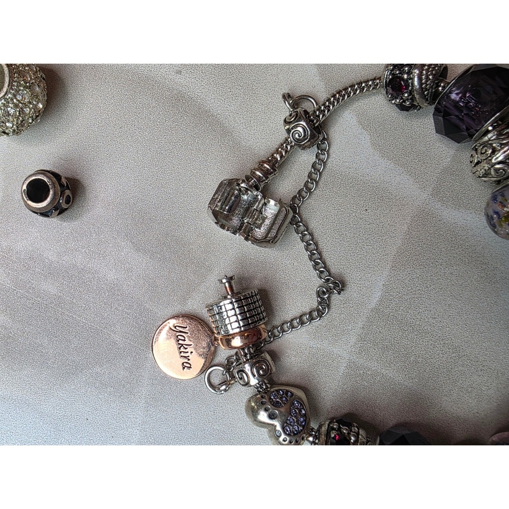Sterling Silver Charm Bracelet Purple Murano Glass Pave Crystal Beads Yakira 48g - Picture 4 of 16